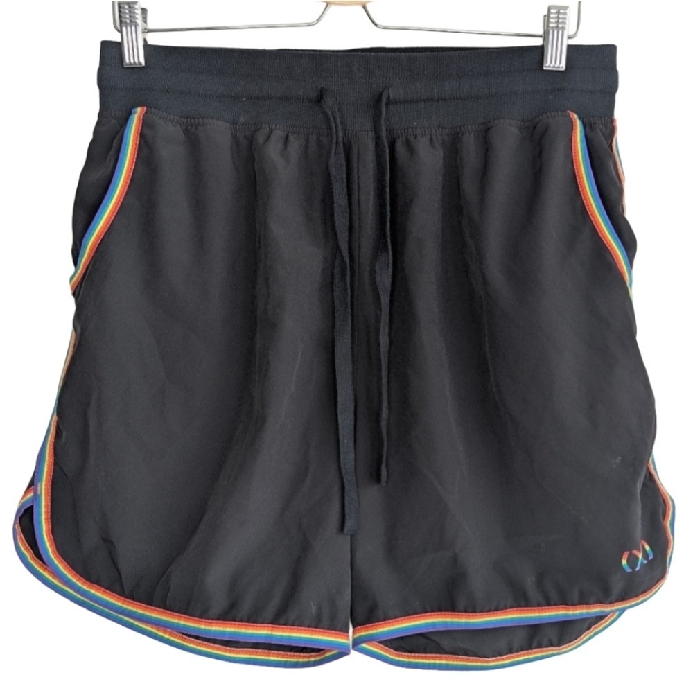 2xist Men's Large Black‎ Athletic Shorts Rainbow Trim Stretch Waist